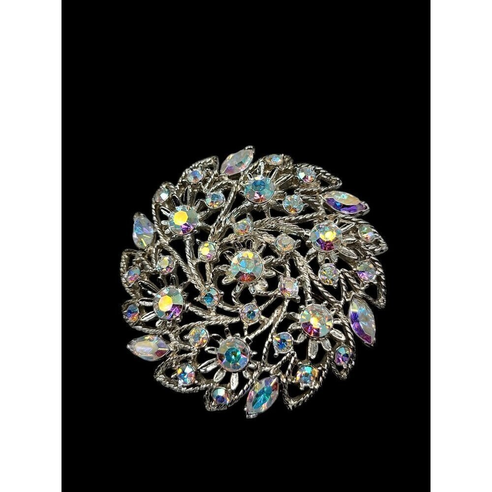 MJent Vintage Brooch Large Aurora Borealis Swirl Textured Silver Tone Setting